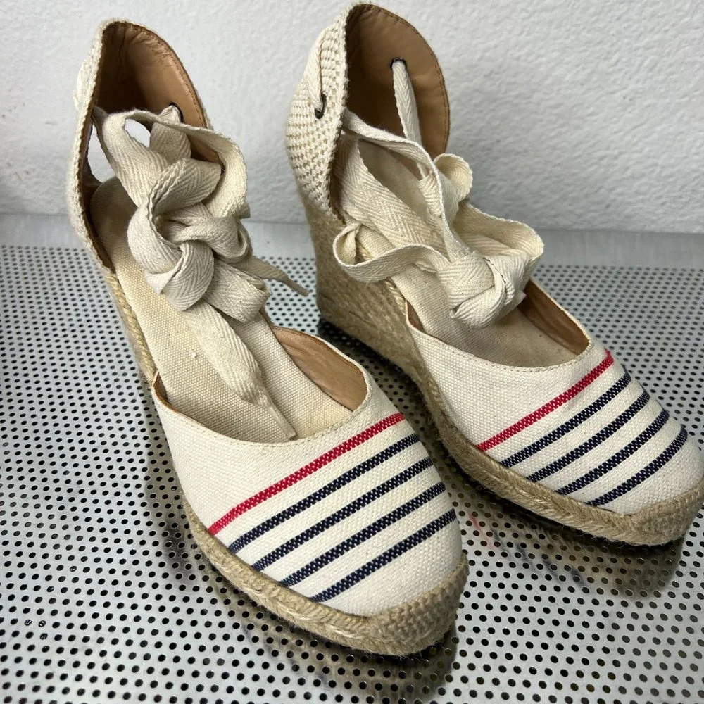 Soludos Women's Lace-Up Tall Wedge Espadrilles Red‎ Navy Natural  Size 5